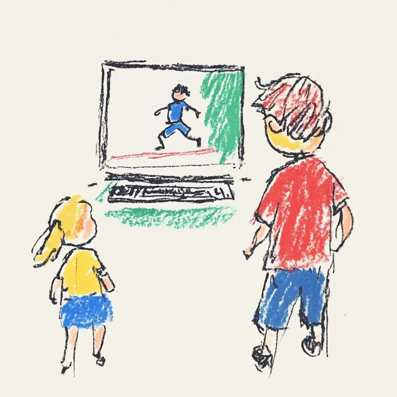 a boy watching a live stream on a laptop, showing another boy running in the video. A girl stands quietly next to the boy, looking at the laptop with curiosity. cute hand-drawn art style  --sref 2252558232