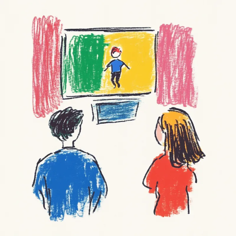 a boy watching a live stream on a laptop, showing another boy running in the video. A girl stands quietly next to the boy, looking at the laptop with curiosity. cute hand-drawn art style  --sref 2252558232