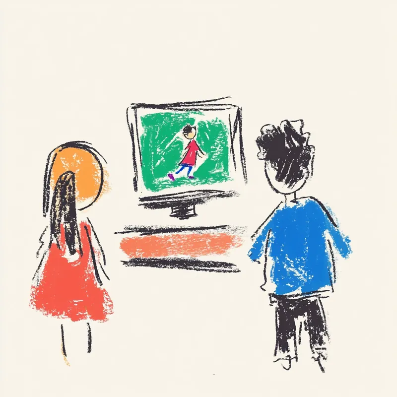 a boy watching a live stream on a laptop, showing another boy running in the video. A girl stands quietly next to the boy, looking at the laptop with curiosity. cute hand-drawn art style  --sref 2252558232