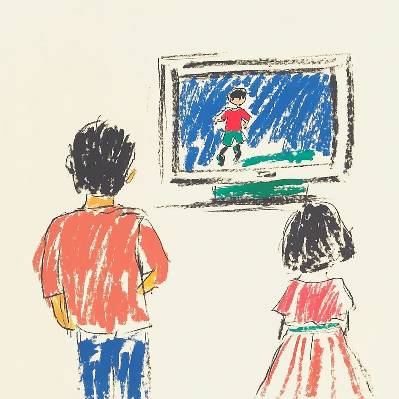 a boy watching a live stream on a laptop, showing another boy running in the video. A girl stands quietly next to the boy, looking at the laptop with curiosity. cute hand-drawn art style  --sref 2252558232