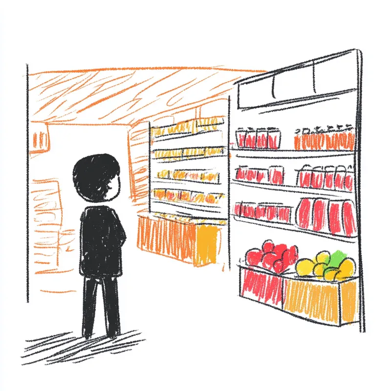 a man stying at supermarket,stick figure art,  --sref 4059834270