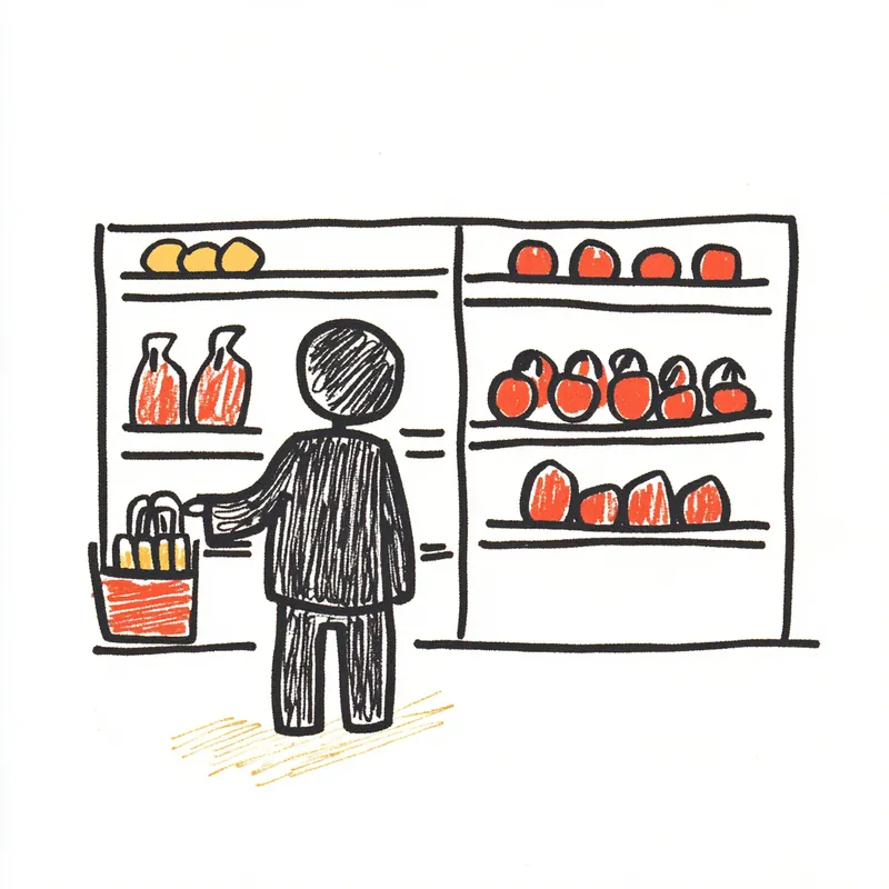 a man stying at supermarket,stick figure art,  --sref 4059834270