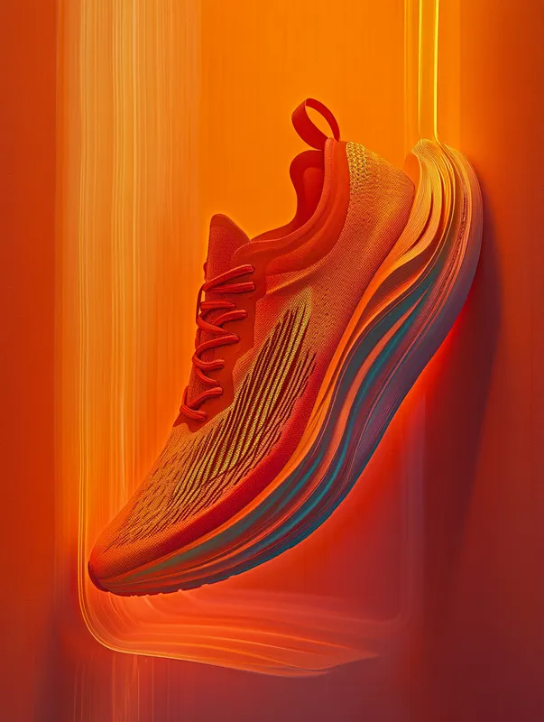 A modern, timeless running shoe with a dynamic design, featuring a sleek, curved sole and a mixed material upper including breathable mesh. The shoe is divided into three colors: red, mint, and yellow. The sole is dark pink. Presented on a clean, neutral studio background with dramatic lighting to emphasize textures and details. The shoe is positioned dynamically, as if mid-motion, floating or angled to highlight its aerodynamic design and innovative sole curvature. Ultra-realistic rendering, high detail, professional product photography aesthetic  --sref 3173445034