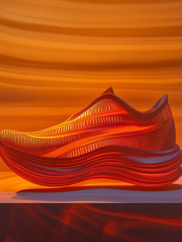 A modern, timeless running shoe with a dynamic design, featuring a sleek, curved sole and a mixed material upper including breathable mesh. The shoe is divided into three colors: red, mint, and yellow. The sole is dark pink. Presented on a clean, neutral studio background with dramatic lighting to emphasize textures and details. The shoe is positioned dynamically, as if mid-motion, floating or angled to highlight its aerodynamic design and innovative sole curvature. Ultra-realistic rendering, high detail, professional product photography aesthetic  --sref 3173445034