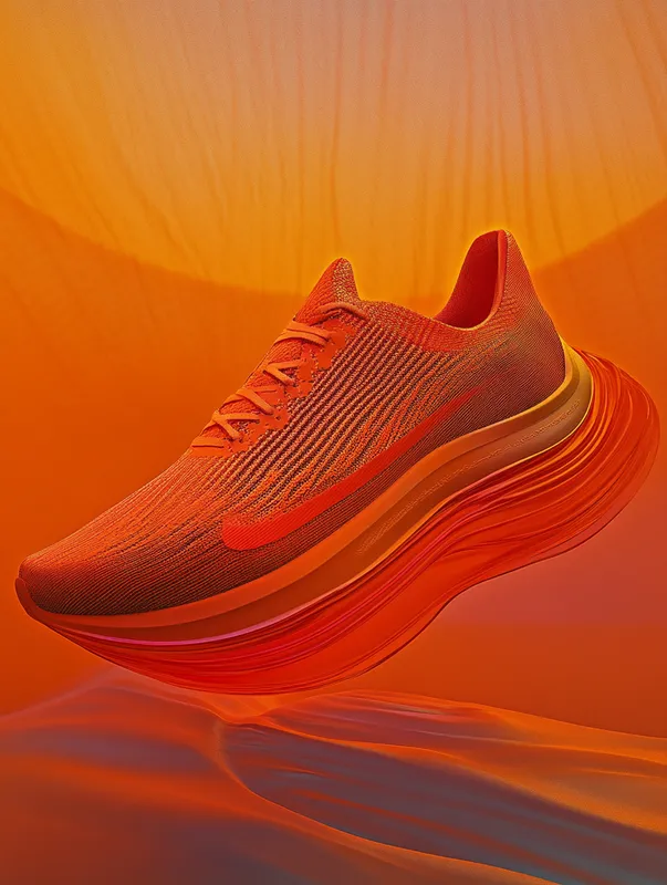 A modern, timeless running shoe with a dynamic design, featuring a sleek, curved sole and a mixed material upper including breathable mesh. The shoe is divided into three colors: red, mint, and yellow. The sole is dark pink. Presented on a clean, neutral studio background with dramatic lighting to emphasize textures and details. The shoe is positioned dynamically, as if mid-motion, floating or angled to highlight its aerodynamic design and innovative sole curvature. Ultra-realistic rendering, high detail, professional product photography aesthetic  --sref 3173445034