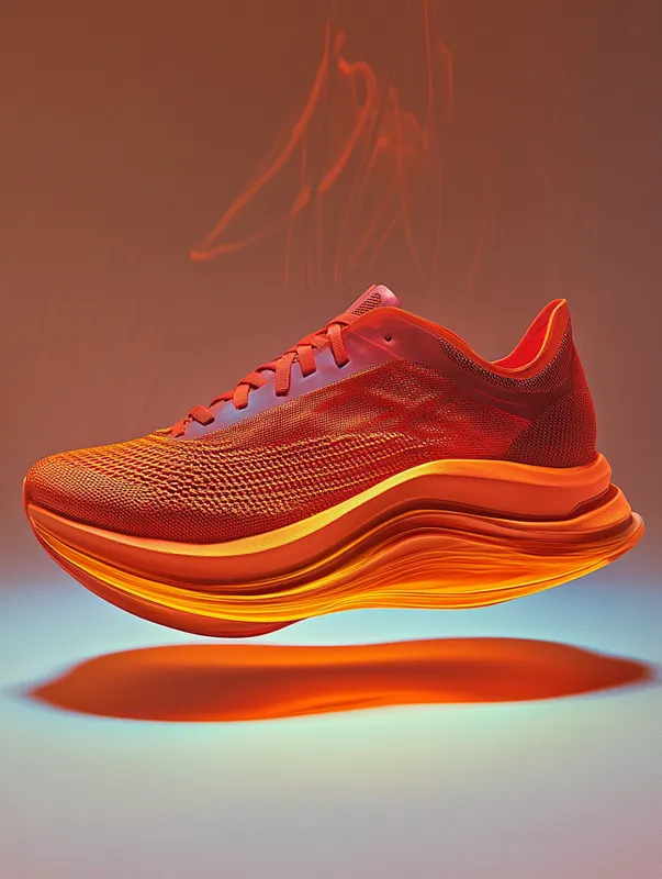 A modern, timeless running shoe with a dynamic design, featuring a sleek, curved sole and a mixed material upper including breathable mesh. The shoe is divided into three colors: red, mint, and yellow. The sole is dark pink. Presented on a clean, neutral studio background with dramatic lighting to emphasize textures and details. The shoe is positioned dynamically, as if mid-motion, floating or angled to highlight its aerodynamic design and innovative sole curvature. Ultra-realistic rendering, high detail, professional product photography aesthetic  --sref 3173445034