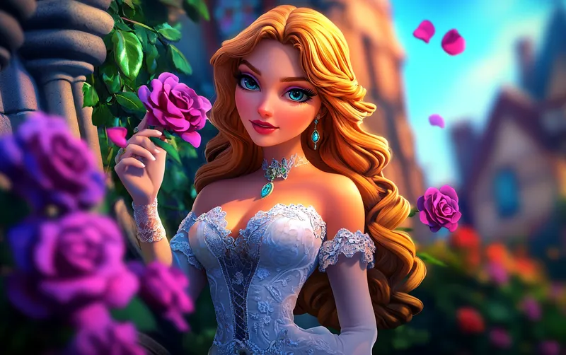 In an ornate garden, a graceful lady in flowing lace gown delicately picks vibrant roses, her jeweled fingers brushing petals as sunlight dances on her golden curls, creating a scene of timeless elegance.  --sref 3332229009