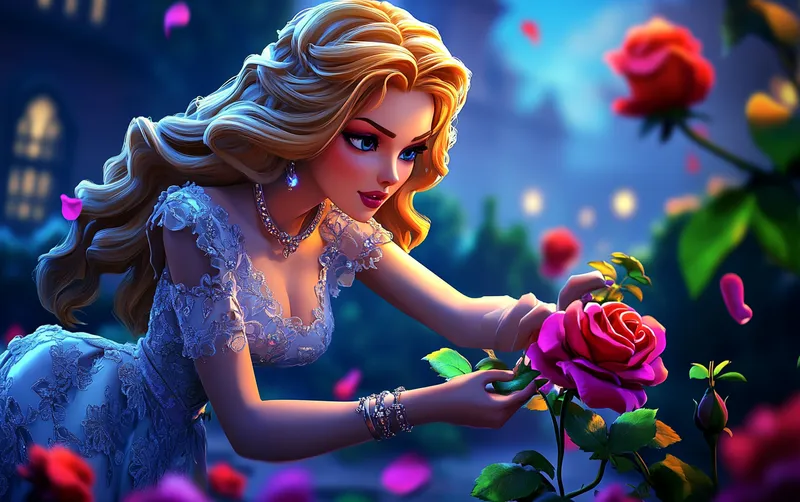 In an ornate garden, a graceful lady in flowing lace gown delicately picks vibrant roses, her jeweled fingers brushing petals as sunlight dances on her golden curls, creating a scene of timeless elegance.  --sref 3332229009