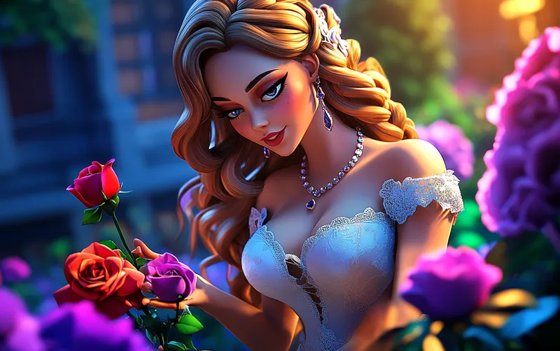 In an ornate garden, a graceful lady in flowing lace gown delicately picks vibrant roses, her jeweled fingers brushing petals as sunlight dances on her golden curls, creating a scene of timeless elegance.  --sref 3332229009