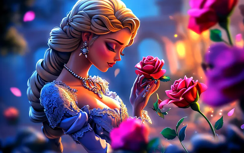 In an ornate garden, a graceful lady in flowing lace gown delicately picks vibrant roses, her jeweled fingers brushing petals as sunlight dances on her golden curls, creating a scene of timeless elegance.  --sref 3332229009