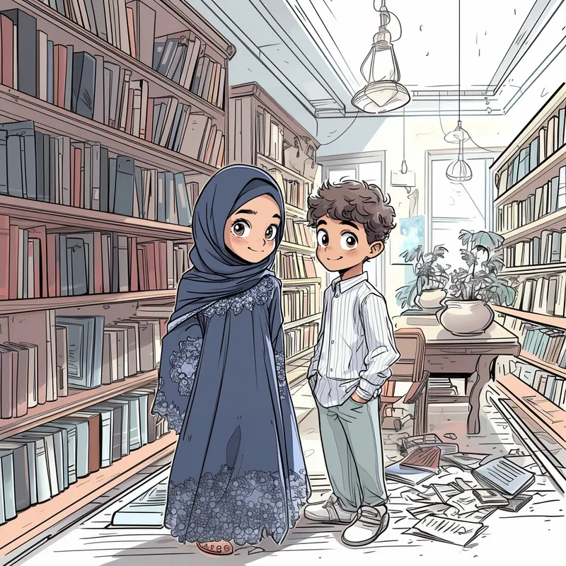 Create a detailed comic book-style image of a young girl and a young boy standing together in a cozy library. The girl is wearing a navy blue hijab and a long navy dress adorned with white heart patterns and lace details around the collar and sleeves. Her expression is calm, thoughtful, and curious as she gently rests her hand on a bookshelf or a soft chair nearby. Her posture should convey quiet confidence and poise. The boy has short, curly black hair and is wearing a neatly buttoned striped shirt in white and light gray. He has warm brown eyes, and his expression should show curiosity and attentiveness as if he is observing or listening intently. His posture is relaxed but alert, with one hand lightly placed near a colorful bookshelf or a nearby table filled with books. The background features a vibrant and inviting library setting. Include tall bookshelves filled with colorful books in various sizes, small decorative elements like plants, and warm lighting coming from vintage-style lamps or natural window light. Add cozy details such as soft carpets, wooden furniture, and stacks of books scattered naturally on the tables and shelves. The comic book style should include bold black outlines, smooth flat shading, and vivid, saturated colors to bring life to the characters and their environment. Pay close attention to the facial details of the girl and boy, ensuring their expressions and poses feel natural and full of personality. The overall scene should feel warm, vibrant, and full of detail, capturing the playful and inquisitive nature of the two characters within the library setting.  --sref 3730983883