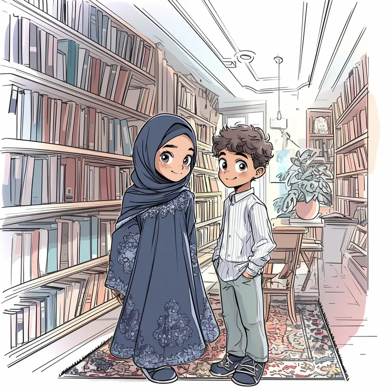 Create a detailed comic book-style image of a young girl and a young boy standing together in a cozy library. The girl is wearing a navy blue hijab and a long navy dress adorned with white heart patterns and lace details around the collar and sleeves. Her expression is calm, thoughtful, and curious as she gently rests her hand on a bookshelf or a soft chair nearby. Her posture should convey quiet confidence and poise. The boy has short, curly black hair and is wearing a neatly buttoned striped shirt in white and light gray. He has warm brown eyes, and his expression should show curiosity and attentiveness as if he is observing or listening intently. His posture is relaxed but alert, with one hand lightly placed near a colorful bookshelf or a nearby table filled with books. The background features a vibrant and inviting library setting. Include tall bookshelves filled with colorful books in various sizes, small decorative elements like plants, and warm lighting coming from vintage-style lamps or natural window light. Add cozy details such as soft carpets, wooden furniture, and stacks of books scattered naturally on the tables and shelves. The comic book style should include bold black outlines, smooth flat shading, and vivid, saturated colors to bring life to the characters and their environment. Pay close attention to the facial details of the girl and boy, ensuring their expressions and poses feel natural and full of personality. The overall scene should feel warm, vibrant, and full of detail, capturing the playful and inquisitive nature of the two characters within the library setting.  --sref 3730983883