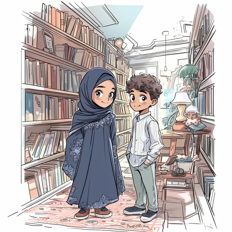 Create a detailed comic book-style image of a young girl and a young boy standing together in a cozy library. The girl is wearing a navy blue hijab and a long navy dress adorned with white heart patterns and lace details around the collar and sleeves. Her expression is calm, thoughtful, and curious as she gently rests her hand on a bookshelf or a soft chair nearby. Her posture should convey quiet confidence and poise. The boy has short, curly black hair and is wearing a neatly buttoned striped shirt in white and light gray. He has warm brown eyes, and his expression should show curiosity and attentiveness as if he is observing or listening intently. His posture is relaxed but alert, with one hand lightly placed near a colorful bookshelf or a nearby table filled with books. The background features a vibrant and inviting library setting. Include tall bookshelves filled with colorful books in various sizes, small decorative elements like plants, and warm lighting coming from vintage-style lamps or natural window light. Add cozy details such as soft carpets, wooden furniture, and stacks of books scattered naturally on the tables and shelves. The comic book style should include bold black outlines, smooth flat shading, and vivid, saturated colors to bring life to the characters and their environment. Pay close attention to the facial details of the girl and boy, ensuring their expressions and poses feel natural and full of personality. The overall scene should feel warm, vibrant, and full of detail, capturing the playful and inquisitive nature of the two characters within the library setting.  --sref 3730983883