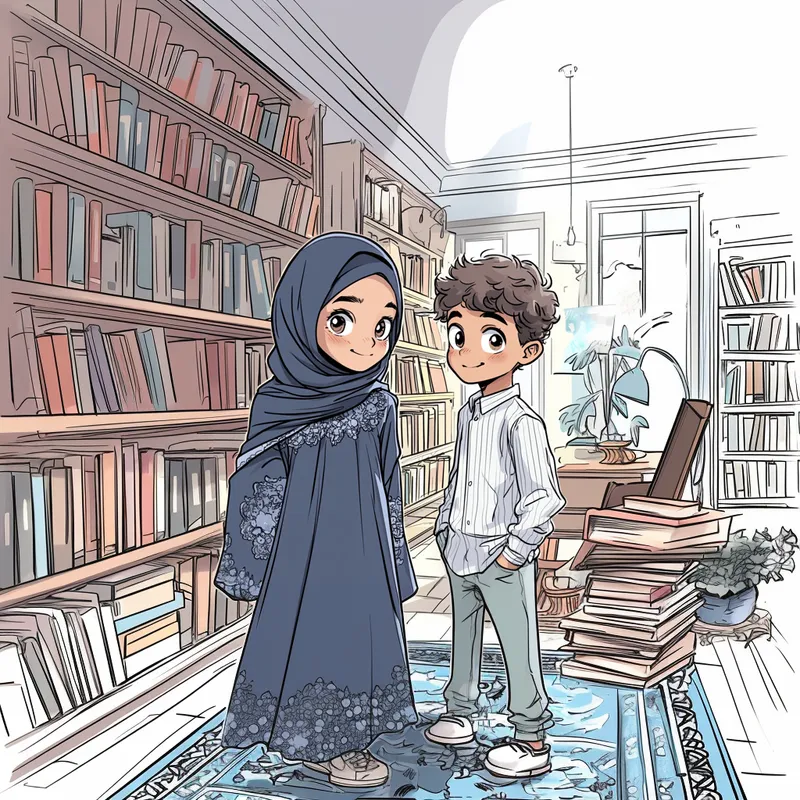 Create a detailed comic book-style image of a young girl and a young boy standing together in a cozy library. The girl is wearing a navy blue hijab and a long navy dress adorned with white heart patterns and lace details around the collar and sleeves. Her expression is calm, thoughtful, and curious as she gently rests her hand on a bookshelf or a soft chair nearby. Her posture should convey quiet confidence and poise. The boy has short, curly black hair and is wearing a neatly buttoned striped shirt in white and light gray. He has warm brown eyes, and his expression should show curiosity and attentiveness as if he is observing or listening intently. His posture is relaxed but alert, with one hand lightly placed near a colorful bookshelf or a nearby table filled with books. The background features a vibrant and inviting library setting. Include tall bookshelves filled with colorful books in various sizes, small decorative elements like plants, and warm lighting coming from vintage-style lamps or natural window light. Add cozy details such as soft carpets, wooden furniture, and stacks of books scattered naturally on the tables and shelves. The comic book style should include bold black outlines, smooth flat shading, and vivid, saturated colors to bring life to the characters and their environment. Pay close attention to the facial details of the girl and boy, ensuring their expressions and poses feel natural and full of personality. The overall scene should feel warm, vibrant, and full of detail, capturing the playful and inquisitive nature of the two characters within the library setting.  --sref 3730983883