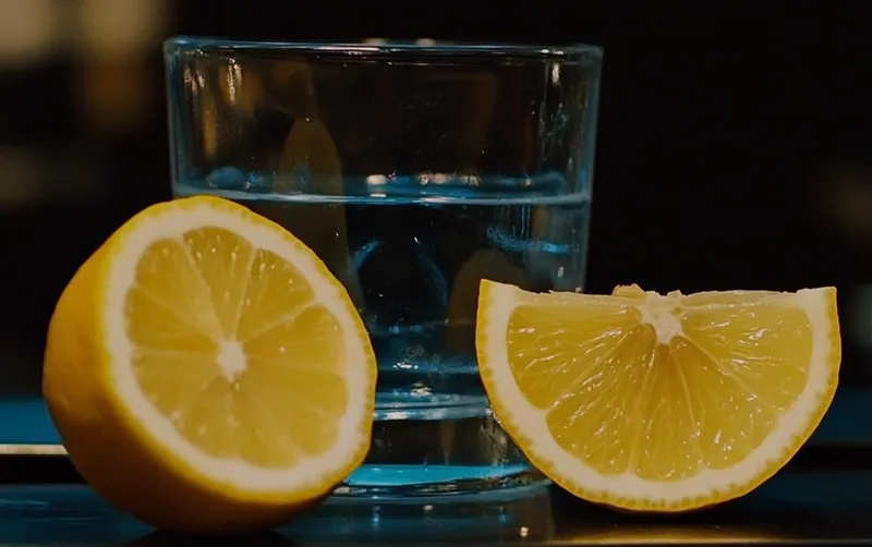 depict Lemon sliced beside a glass of drink  --sref 2034567890