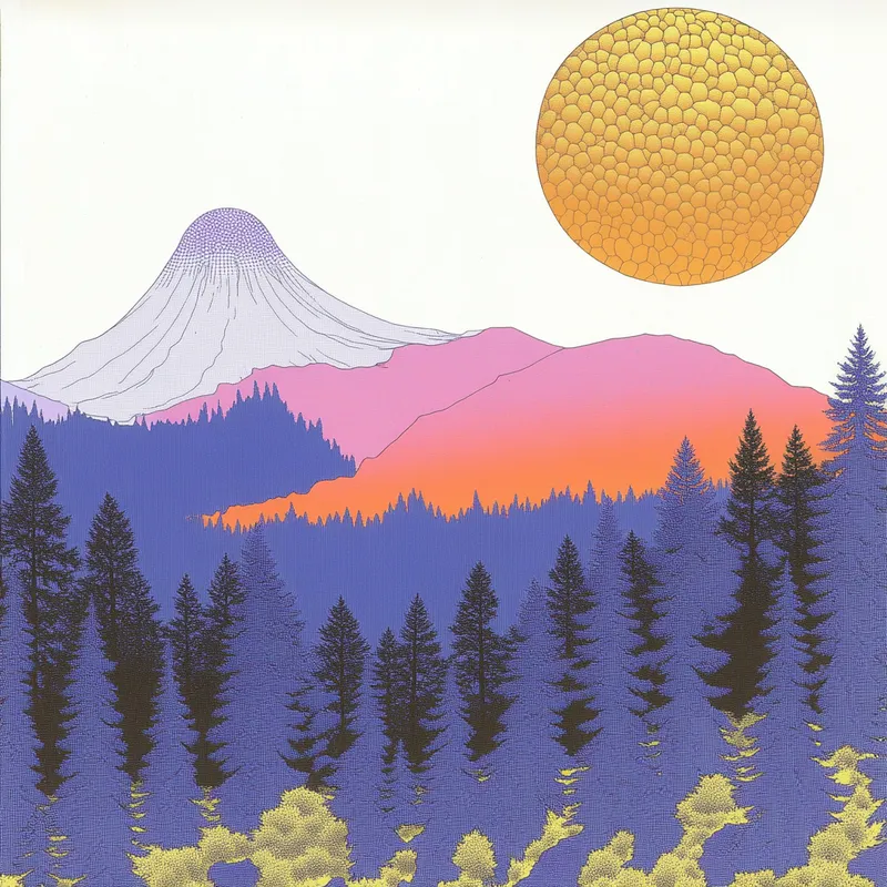 forest landscape, distant volcano that looks like Mt. Hood in Oregon. big moon behind volcano. line art almost pointilism  --sref 1914073603  --sref 1493958816  --sref 2845567091