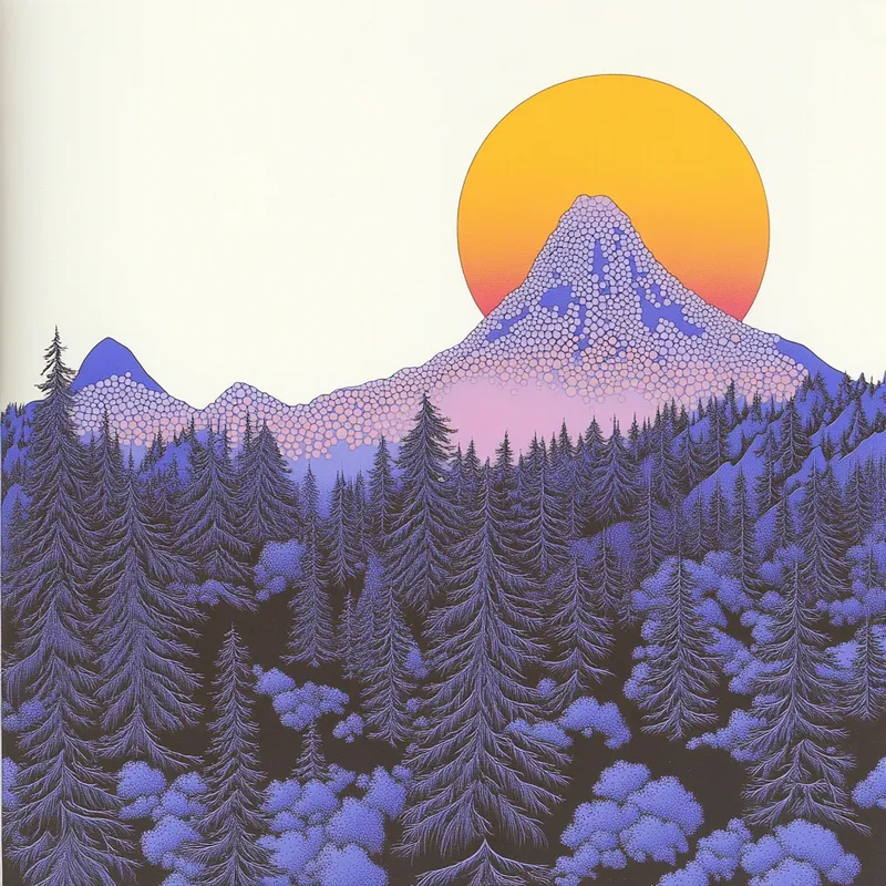 forest landscape, distant volcano that looks like Mt. Hood in Oregon. big moon behind volcano. line art almost pointilism  --sref 1914073603  --sref 1493958816  --sref 2845567091