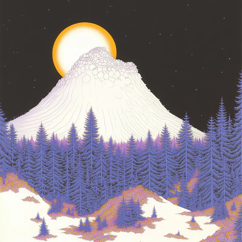 forest landscape, distant volcano that looks like Mt. Hood in Oregon. big moon behind volcano. line art almost pointilism  --sref 1914073603  --sref 1493958816  --sref 2845567091