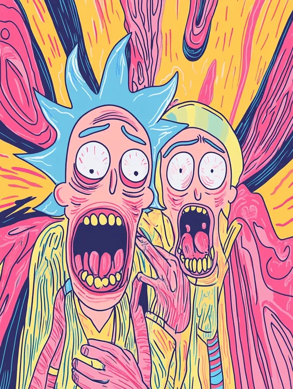 Rick and Morty in the style of Scream by Edvard Munch  --sref 3846026342