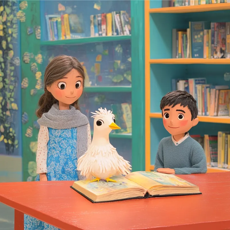 In a vibrant and colorful library, a teenage girl wearing a blue dress and a gray scarf stands beside the bookshelves. Her curious and serious gaze reflects her love for discovering new stories. Nearby, a teenage boy sits at a red table, with books laid out in front of him, smiling warmly and cheerfully at his surroundings. At the center of attention is a beautiful white hoopoe bird--a handcrafted puppet with artistic design, white feathers, and a yellow-black crest. This hoopoe embodies creativity and storytelling, bringing the spirit of nature to this lively and imaginative library. The environment is filled with bright colors, nature-inspired designs, and a sense of joy and curiosity  --sref 1331106604