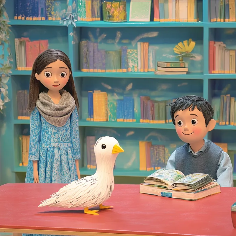 In a vibrant and colorful library, a teenage girl wearing a blue dress and a gray scarf stands beside the bookshelves. Her curious and serious gaze reflects her love for discovering new stories. Nearby, a teenage boy sits at a red table, with books laid out in front of him, smiling warmly and cheerfully at his surroundings. At the center of attention is a beautiful white hoopoe bird--a handcrafted puppet with artistic design, white feathers, and a yellow-black crest. This hoopoe embodies creativity and storytelling, bringing the spirit of nature to this lively and imaginative library. The environment is filled with bright colors, nature-inspired designs, and a sense of joy and curiosity  --sref 1331106604