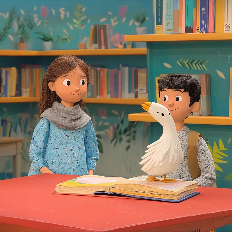 In a vibrant and colorful library, a teenage girl wearing a blue dress and a gray scarf stands beside the bookshelves. Her curious and serious gaze reflects her love for discovering new stories. Nearby, a teenage boy sits at a red table, with books laid out in front of him, smiling warmly and cheerfully at his surroundings. At the center of attention is a beautiful white hoopoe bird--a handcrafted puppet with artistic design, white feathers, and a yellow-black crest. This hoopoe embodies creativity and storytelling, bringing the spirit of nature to this lively and imaginative library. The environment is filled with bright colors, nature-inspired designs, and a sense of joy and curiosity  --sref 1331106604