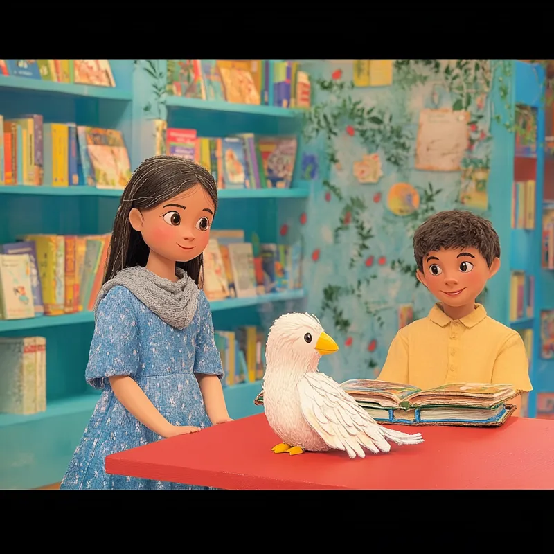 In a vibrant and colorful library, a teenage girl wearing a blue dress and a gray scarf stands beside the bookshelves. Her curious and serious gaze reflects her love for discovering new stories. Nearby, a teenage boy sits at a red table, with books laid out in front of him, smiling warmly and cheerfully at his surroundings. At the center of attention is a beautiful white hoopoe bird--a handcrafted puppet with artistic design, white feathers, and a yellow-black crest. This hoopoe embodies creativity and storytelling, bringing the spirit of nature to this lively and imaginative library. The environment is filled with bright colors, nature-inspired designs, and a sense of joy and curiosity  --sref 1331106604