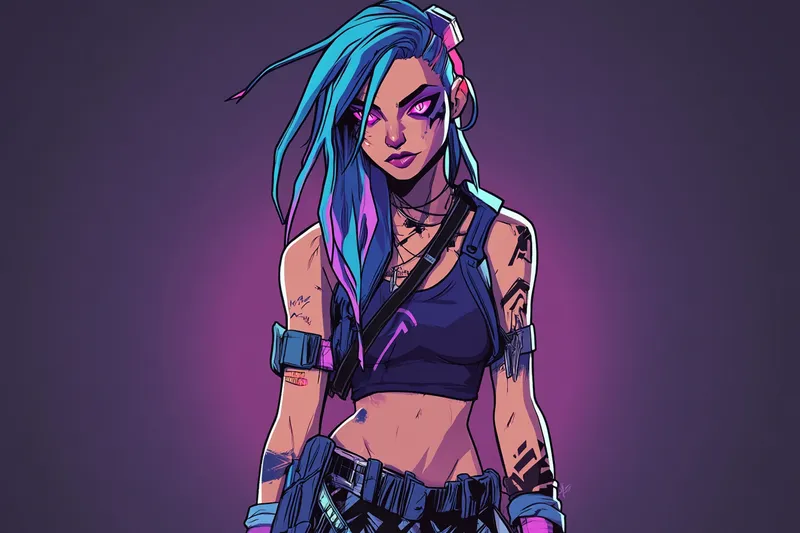 Jinx is a character of contrasts, embodying chaos and vulnerability in equal measure. She is a slender, wiry young woman with electric blue hair, usually styled into long, wild braids that cascade over her shoulders. Her expressive, mismatched pink and purple eyes--one slightly larger than the other--radiate an unsettling mix of madness and sadness, hinting at her fractured psyche. Her skin is pale, marked with faint scars from battles and experiments, and her clothing is a patchwork of punk-inspired chaos: a cropped, asymmetrical top, striped leggings, and a utility belt overflowing with explosives and trinkets. Bright, clashing colors dominate her attire, mirroring her unpredictable nature. Her most iconic feature is her graffiti-styled tattoos, streaked across her arms and legs, glowing faintly in dim light and showcasing her rebellious spirit  --sref 558074124  --sref 6749