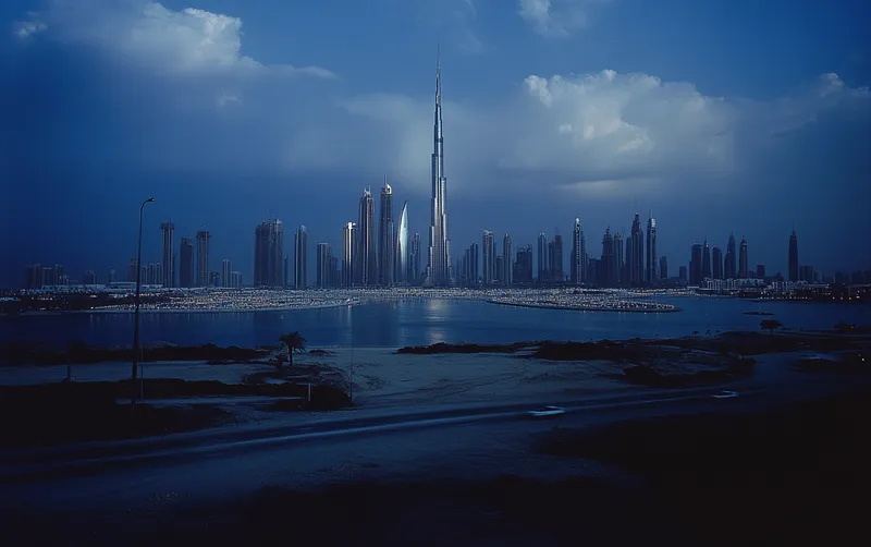 Burj Khalifa piercing clouds, Palm Jumeirah’s fronds, neon-lit marina. Arid dunes embrace the metropolis, veins of traffic pulsing below. Sparkling coastline meets ambition, where desert whispers meld with steel giants. Dubai--a mirage made real.  --sref 469710847