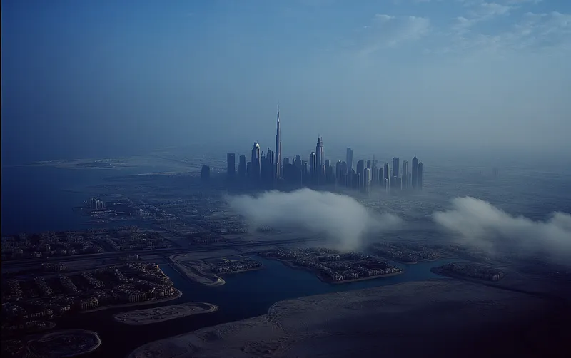 Burj Khalifa piercing clouds, Palm Jumeirah’s fronds, neon-lit marina. Arid dunes embrace the metropolis, veins of traffic pulsing below. Sparkling coastline meets ambition, where desert whispers meld with steel giants. Dubai--a mirage made real.  --sref 469710847