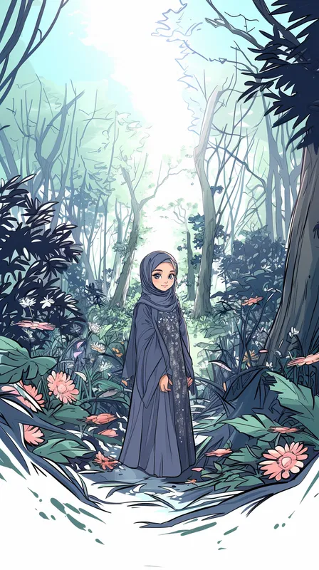 Create a comic book style image of a young girl with a navy blue hijab and a navy dress featuring white heart patterns and lace details. Her facial features should be soft and calm with a thoughtful expression. Place her in a serene forest environment, keeping the background simple and complementary. Use bold outlines, flat shading, and smooth color transitions to enhance the cartoonish effect.  --sref 3730983883