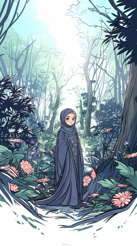 Create a comic book style image of a young girl with a navy blue hijab and a navy dress featuring white heart patterns and lace details. Her facial features should be soft and calm with a thoughtful expression. Place her in a serene forest environment, keeping the background simple and complementary. Use bold outlines, flat shading, and smooth color transitions to enhance the cartoonish effect.  --sref 3730983883