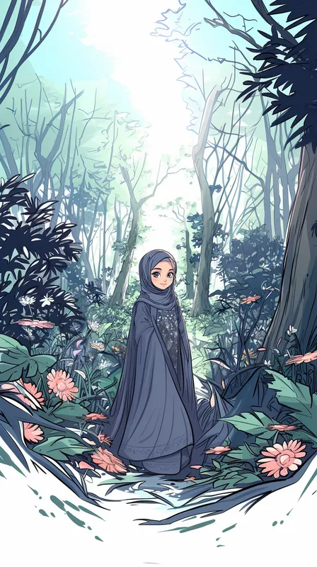 Create a comic book style image of a young girl with a navy blue hijab and a navy dress featuring white heart patterns and lace details. Her facial features should be soft and calm with a thoughtful expression. Place her in a serene forest environment, keeping the background simple and complementary. Use bold outlines, flat shading, and smooth color transitions to enhance the cartoonish effect.  --sref 3730983883