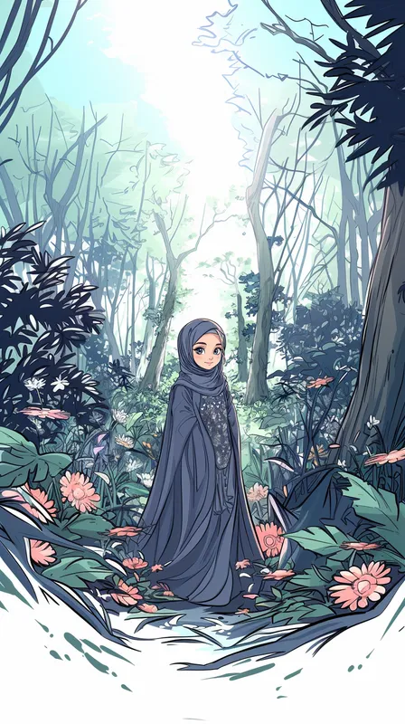 Create a comic book style image of a young girl with a navy blue hijab and a navy dress featuring white heart patterns and lace details. Her facial features should be soft and calm with a thoughtful expression. Place her in a serene forest environment, keeping the background simple and complementary. Use bold outlines, flat shading, and smooth color transitions to enhance the cartoonish effect.  --sref 3730983883