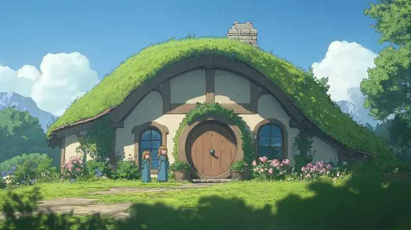 a hobbit family stand in front of their home. Mansard Roof  --sref 2222719984