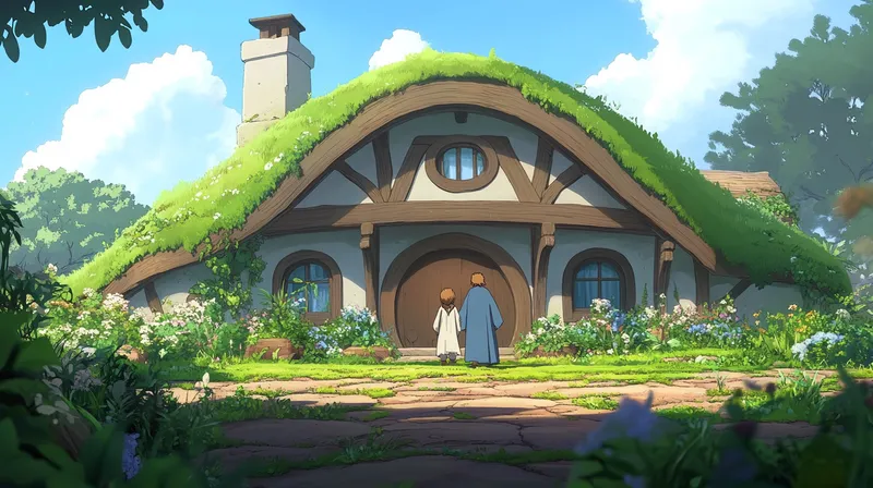 a hobbit family stand in front of their home. Mansard Roof  --sref 2222719984