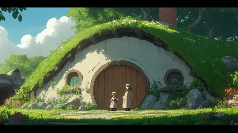 a hobbit family stand in front of their home. Mansard Roof  --sref 2222719984