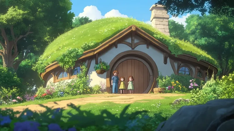 a hobbit family stand in front of their home. Mansard Roof  --sref 2222719984