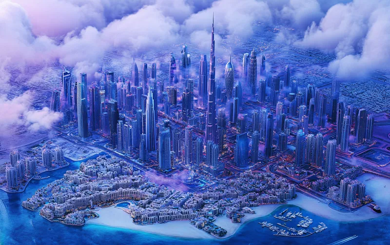 Burj Khalifa piercing clouds, Palm Jumeirah’s fronds, neon-lit marina. Arid dunes embrace the metropolis, veins of traffic pulsing below. Sparkling coastline meets ambition, where desert whispers meld with steel giants. Dubai--a mirage made real.  --sref 887340924