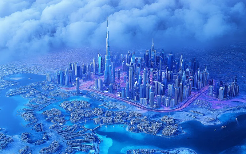 Burj Khalifa piercing clouds, Palm Jumeirah’s fronds, neon-lit marina. Arid dunes embrace the metropolis, veins of traffic pulsing below. Sparkling coastline meets ambition, where desert whispers meld with steel giants. Dubai--a mirage made real.  --sref 887340924