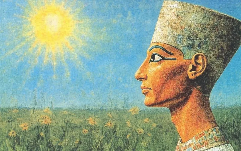 Depict Akhenaten (c. 1353–1336 BCE): Introduced monotheistic worship of Aten, radically altering Egyptian religion; father of Tutankhamun.  --sref 422411086