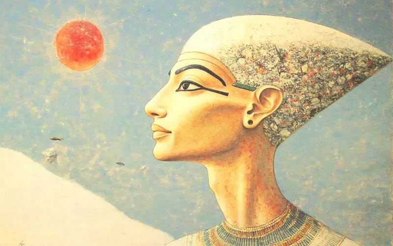 Depict Akhenaten (c. 1353–1336 BCE): Introduced monotheistic worship of Aten, radically altering Egyptian religion; father of Tutankhamun.  --sref 422411086