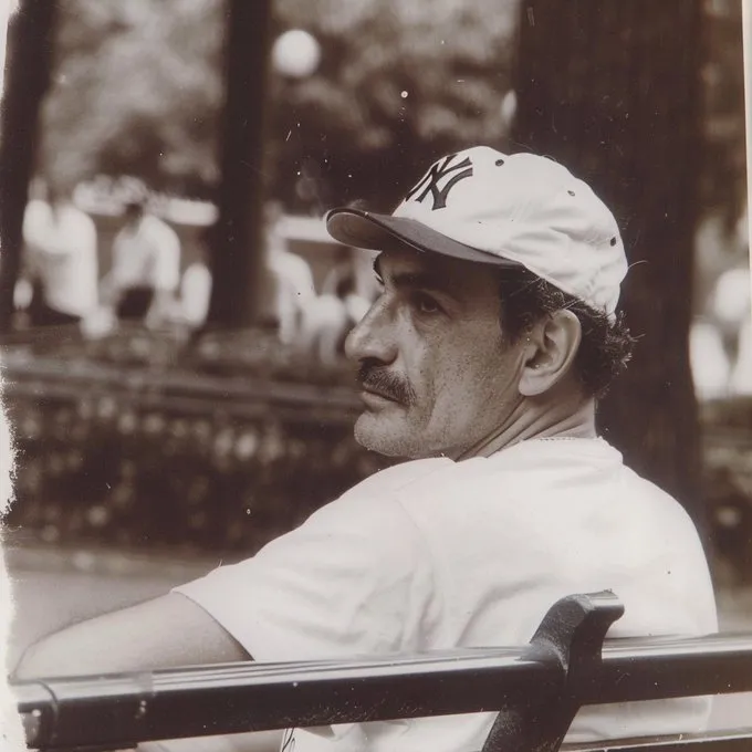 a profile view photo, closeup of a 30 year old man sitting on a bench in central park. The man is wearing a yankee ball cap and white tee shirt --sref 1016880047