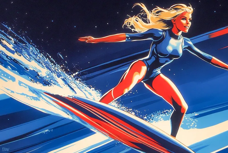 "A stunning space vixen on a flying surfboard --sref 1160124881" :) #midjourney