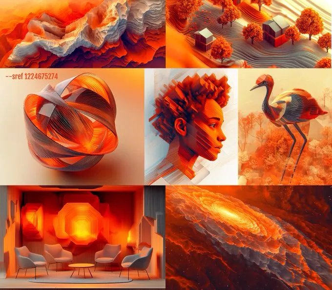 Expressionist and Surrealist, neon-like orange and red hues, fluid and distorted organic shapes.

--sref 1224675274