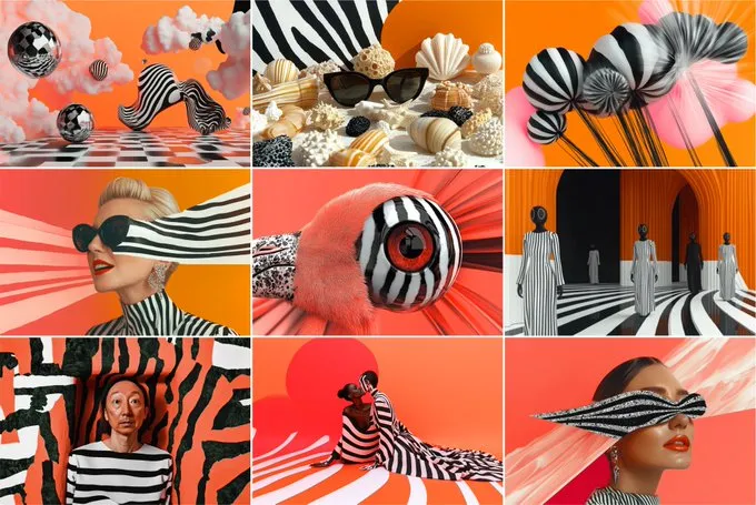 Black and white stripes meet coral orange:
--sref 1239879655