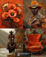 Few more examples
--sref 1323408891

I had lots of fun creating and discovering this style. I can best describe it as a crazy pumpkin coloured Victorian floral wallpaper pattern with a good old crazy western gunfight going on outside. Enjoy! 

Let's get creative #Midjourney