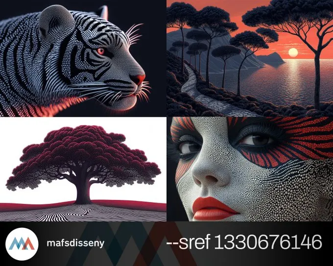 MJ --sref sharing! Enjoy!

I recommend you to use it mainly with high values of --s (i.e. 1000). You'll get astonishing results with great pointillist and linear patterns.
Unless you specify other colors, it returns red/white/black colors
#srefshare #Aiart
--sref 1330676146