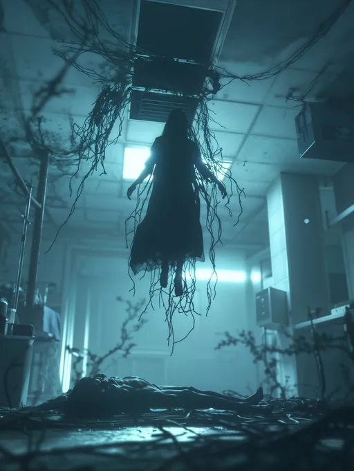 --ar 3:4 --sref 1334091337 --p

Tokens:
low-angle shot, surreal setting, abandoned hospital, suspended woman, chaotic cables, dried floral vines, lifeless body, teal lighting, eerie atmosphere, gothic decay