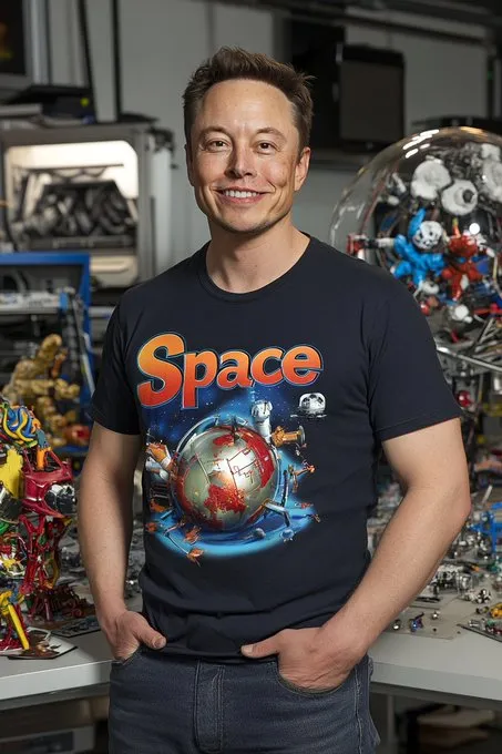 fun prompt for Elon results. Midjourney V6.1
a portrait of Elon Musk wearing a "Space X" t-shirt. --chaos 20 --ar 2:3 --style raw --sref 1364906928 --personalize qaah3be --stylize 200 --v 6.1
#promptshare #Elon_Musk  #spacex